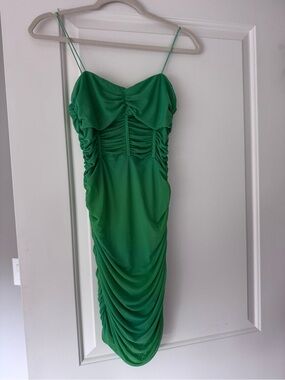 superdown Green Ruched Midi Dress with Spaghetti Straps